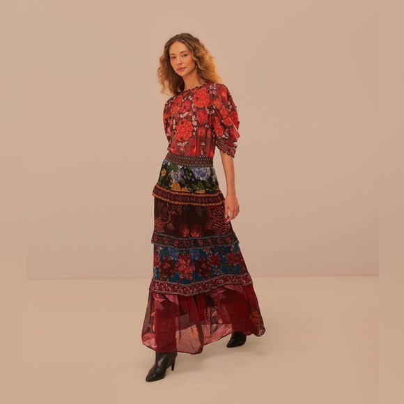 Farm Rio Floral Mix Ruffle Maxi Skirt - Picture 3 of 8